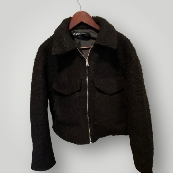 CI SONO Charcoal Cropped Bouclé Bomber Jacket XL - Picture 3 of 7